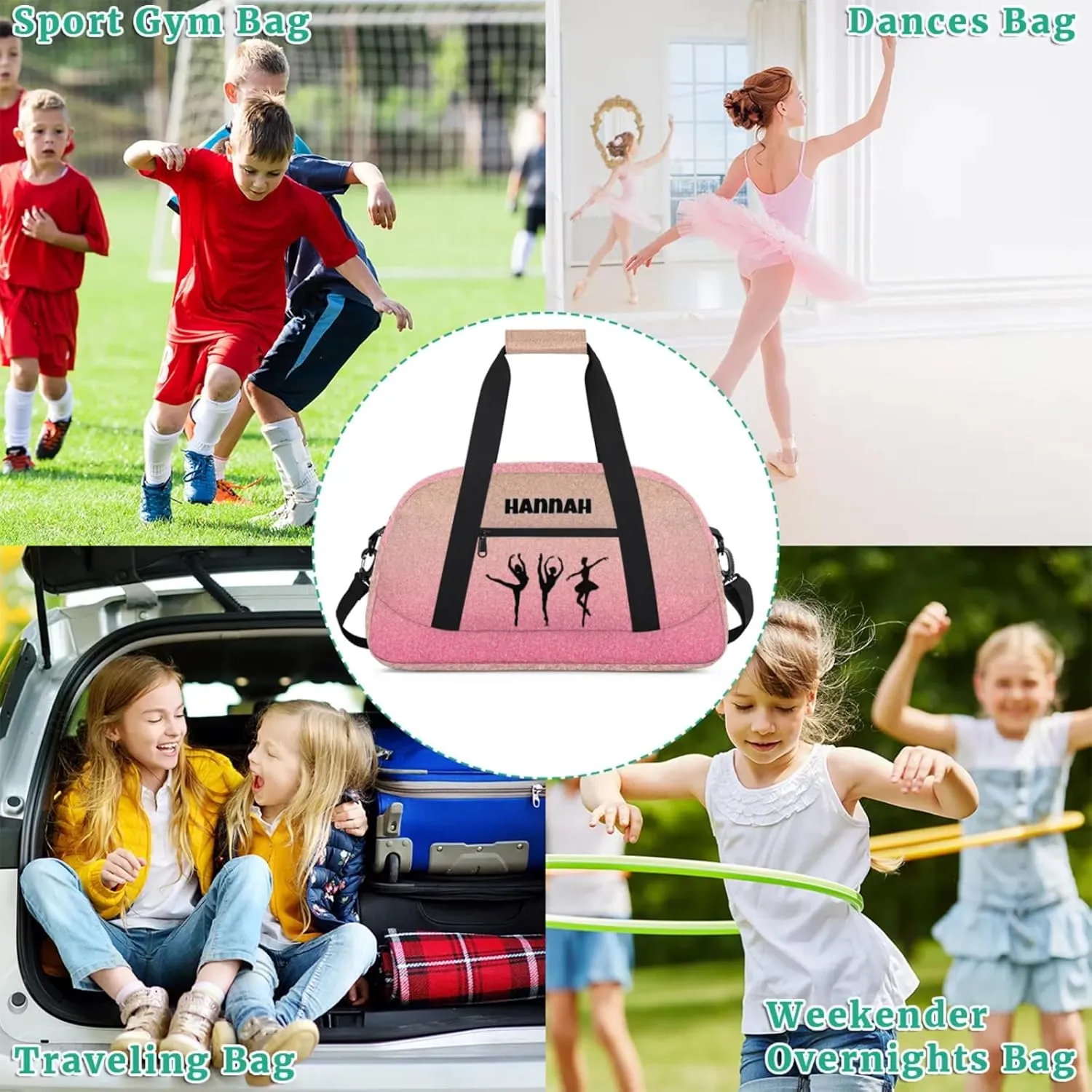 Custom Name Dance Ballet Sport Gym Bag, Personalized Customized Sleepover Travel Duffle Bag, Black Dancing Silhouette, Gradient Coral Pink Glittering