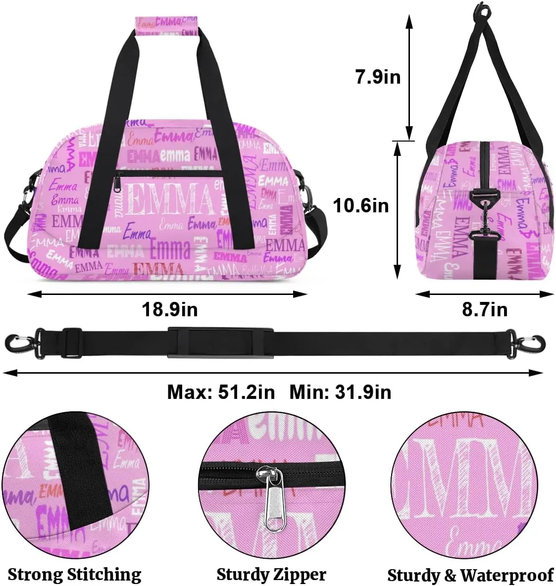 Custom Name Pink Dance Gym Bag Girls, Personalized Name Dance Bag Name Gymnastics Sport Duffel Bag, Custom Your Name ot Text on the Bag