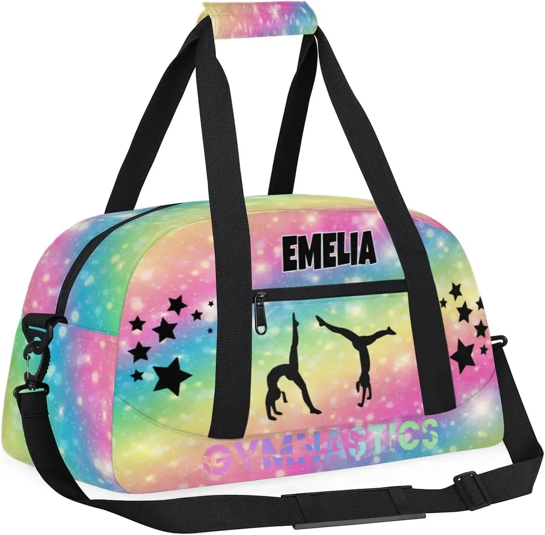 Customized Sports Bag Gym Bag for Girls, Personalized Travel Bag Overnight Duffel Bag Gymnastics Swimming Sleepover Overnight Sports Bag, Colorful Pink Yellow Rainbow with Stars