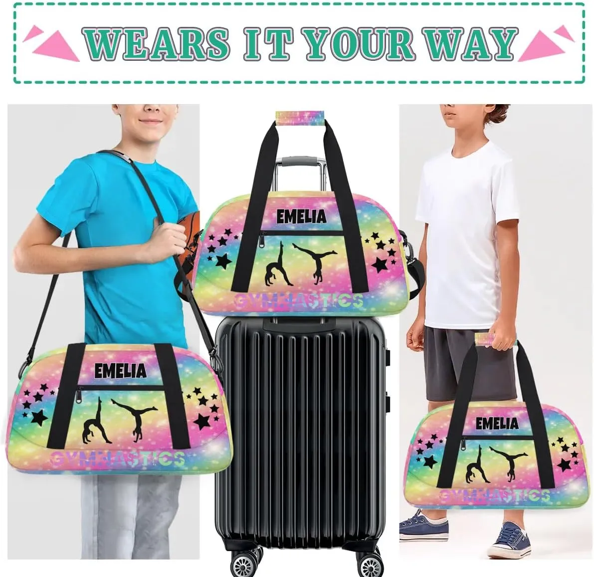 Customized Sports Bag Gym Bag for Girls, Personalized Travel Bag Overnight Duffel Bag Gymnastics Swimming Sleepover Overnight Sports Bag, Colorful Pink Yellow Rainbow with Stars
