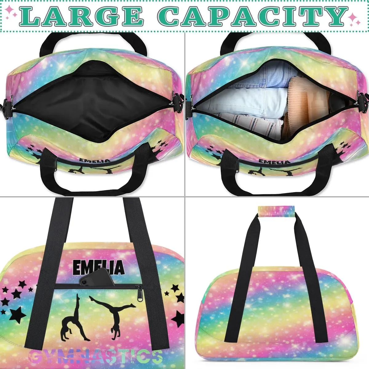 Customized Sports Bag Gym Bag for Girls, Personalized Travel Bag Overnight Duffel Bag Gymnastics Swimming Sleepover Overnight Sports Bag, Colorful Pink Yellow Rainbow with Stars