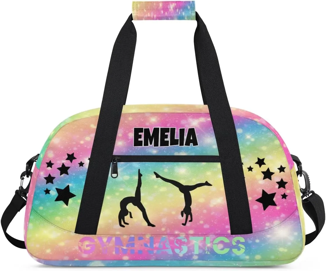 Customized Sports Bag Gym Bag for Girls, Personalized Travel Bag Overnight Duffel Bag Gymnastics Swimming Sleepover Overnight Sports Bag, Colorful Pink Yellow Rainbow with Stars