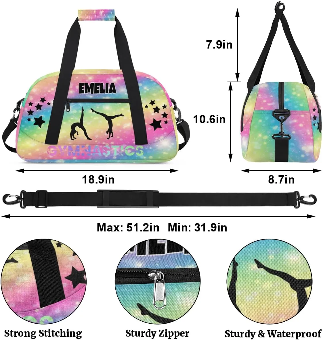 Customized Sports Bag Gym Bag for Girls, Personalized Travel Bag Overnight Duffel Bag Gymnastics Swimming Sleepover Overnight Sports Bag, Colorful Pink Yellow Rainbow with Stars