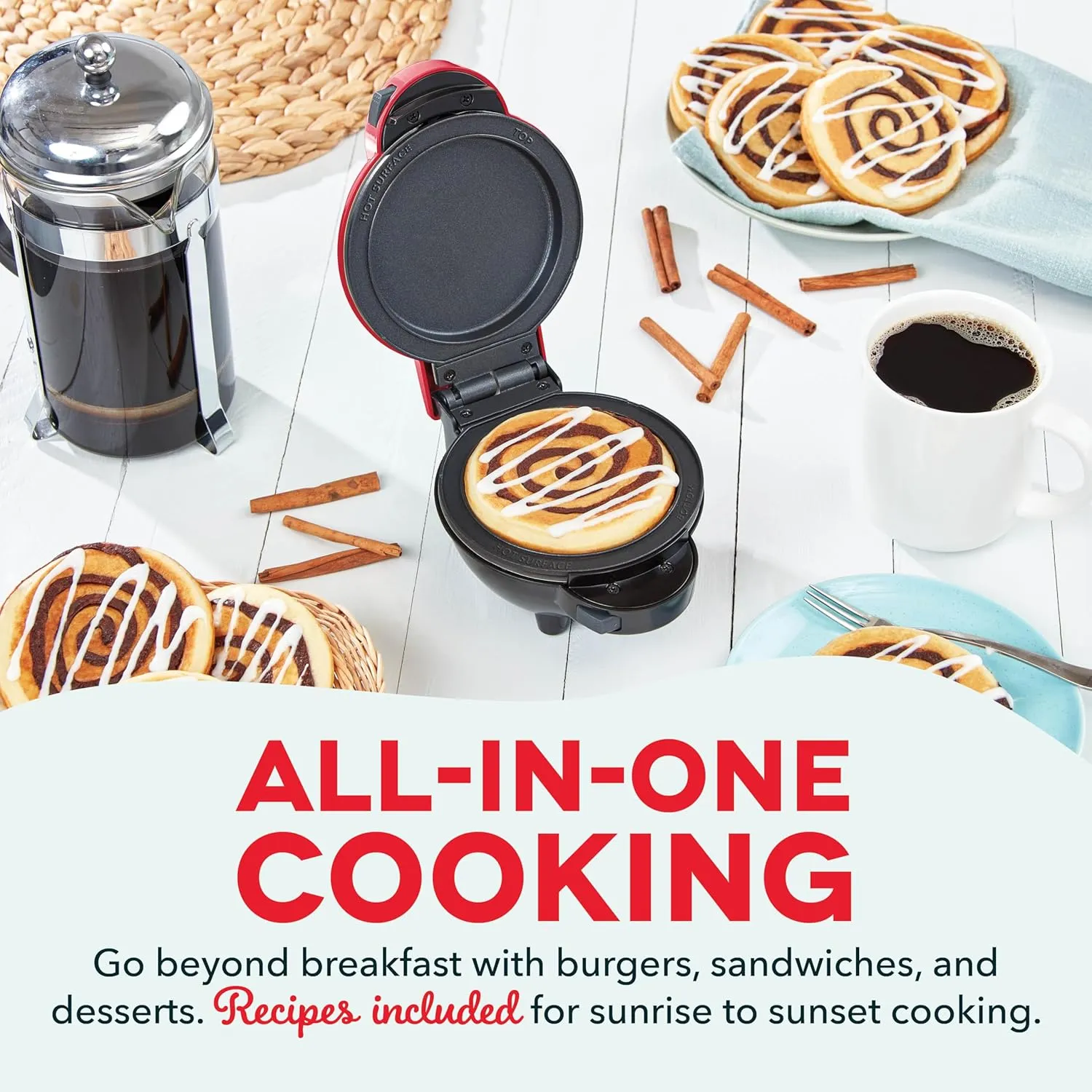 DASH Multimaker Mini System - Waffle Maker with Five 4” Removable Plates: Waffle Iron & Griddle, 3-in-1 Mini Waffle Maker for Kids and Families – Nonstick Surface, Just Add Batter (Red)
