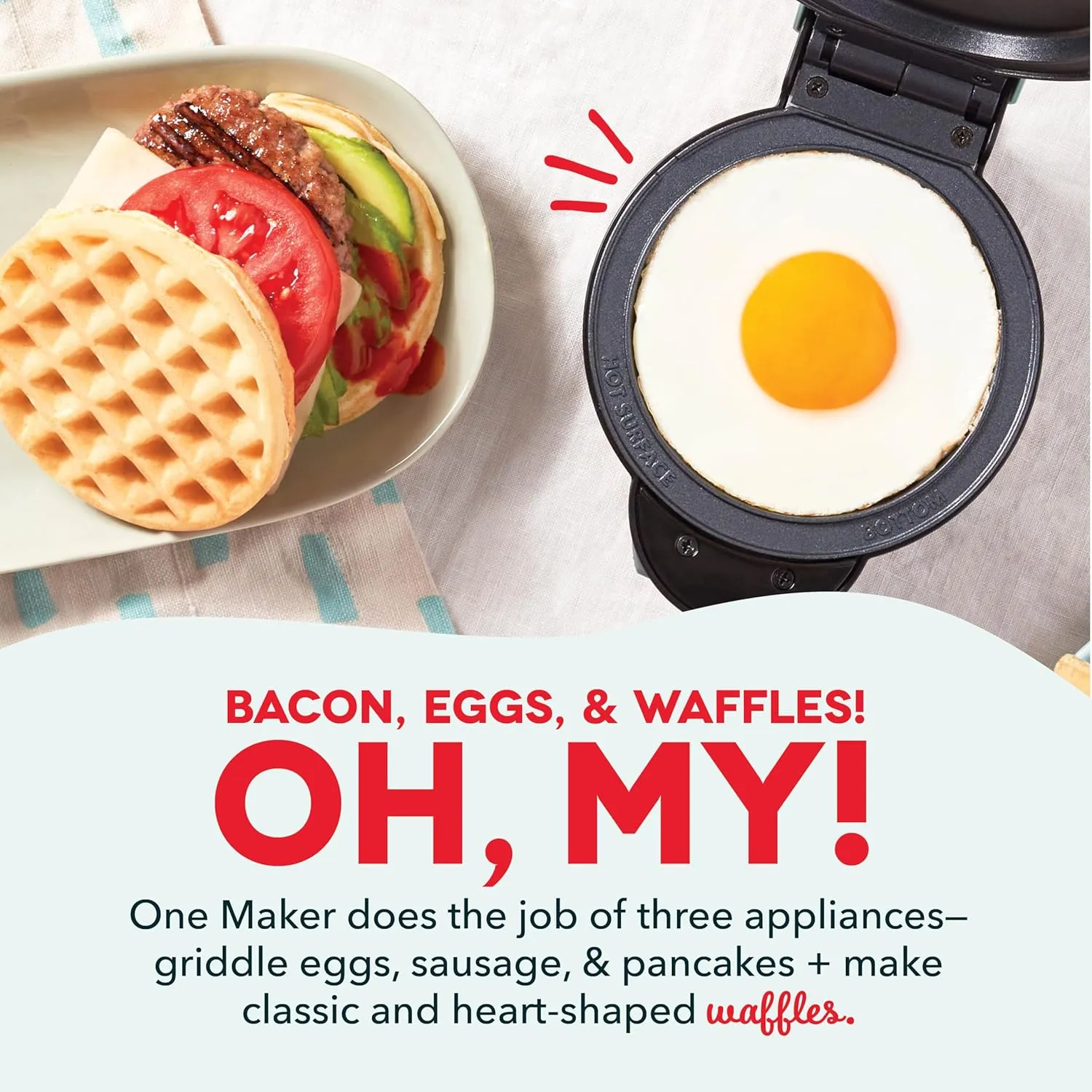 DASH Multimaker Mini System - Waffle Maker with Five 4” Removable Plates: Waffle Iron & Griddle, 3-in-1 Mini Waffle Maker for Kids and Families – Nonstick Surface, Just Add Batter (Red)