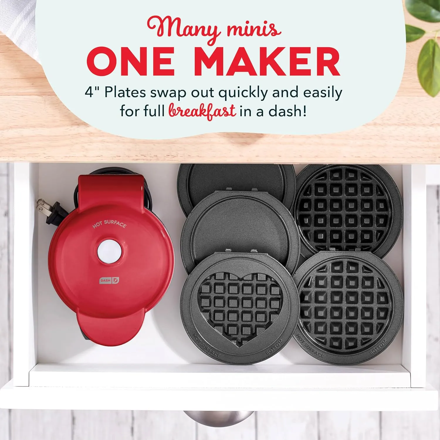 DASH Multimaker Mini System - Waffle Maker with Five 4” Removable Plates: Waffle Iron & Griddle, 3-in-1 Mini Waffle Maker for Kids and Families – Nonstick Surface, Just Add Batter (Red)
