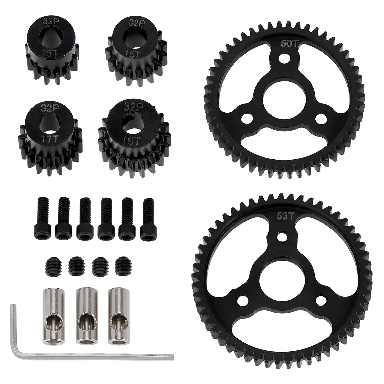 DKKY 6PCS 32P M0.8 Metal Hardened Steel Gear 53T 50T Spur Gear with 13T 15T 17T 19T Pinion Gear Set for TRX4 1/10 Slash 4x4/VXL/Stampede 4x4/VXL/Rustler 4X4/VXL/Summit/T-Maxx Replace #3956