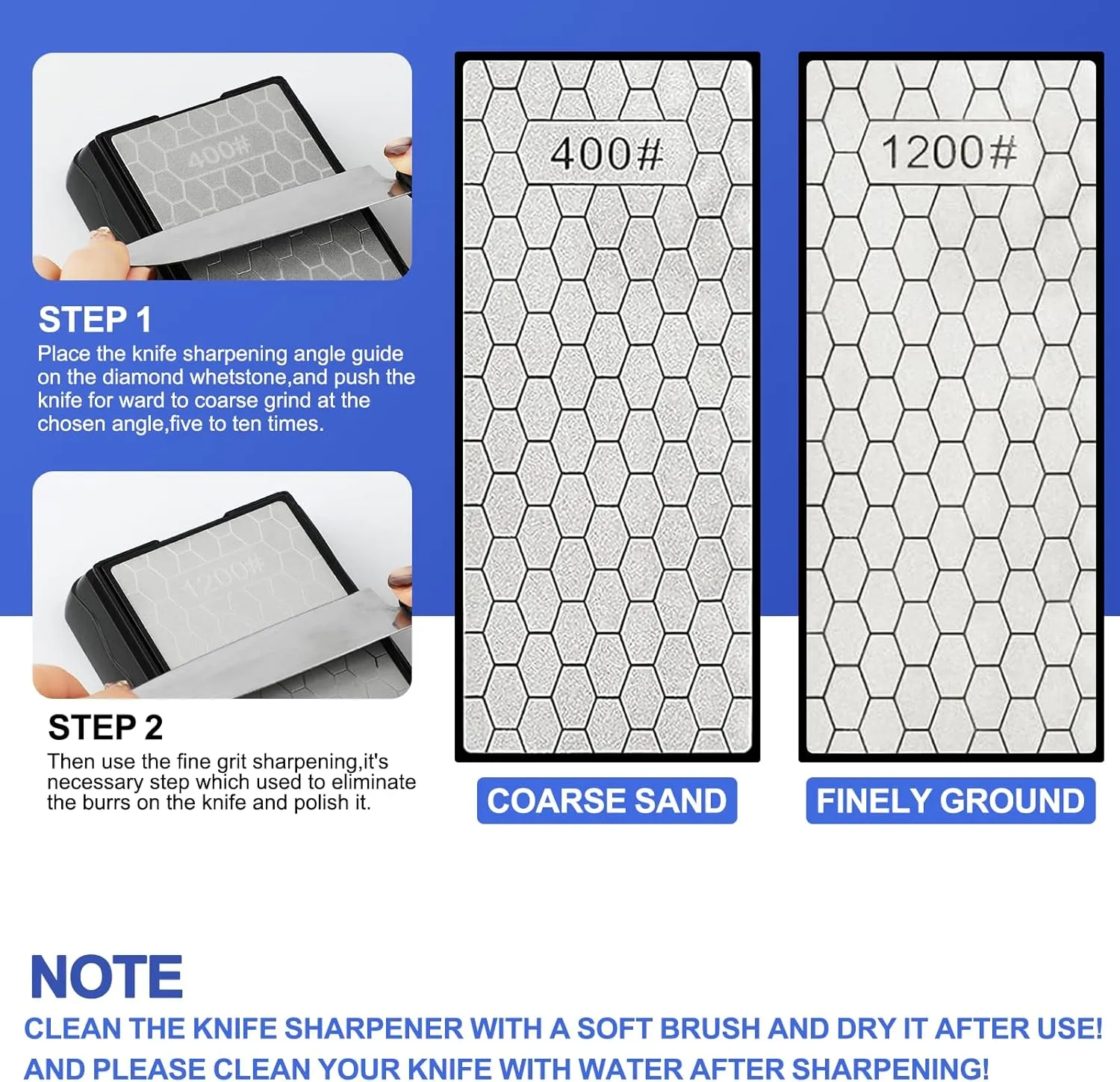 Double-sided Diamond Sharpening Stone,Knife Sharpening Stone with Extra Fine 1200/Coarse 400 Grit Diamond Plate, Storage Case with Non-Slip Base & Angle Guide(7 x 3.5 Inch)