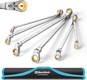 DURATECH Extra Long Anti-Slip Flex-Head Ratcheting Wrench Set, Double Box End Wrench Set, 6-Piece, Metric 8-19 mm, CR-V Steel, with Pouch