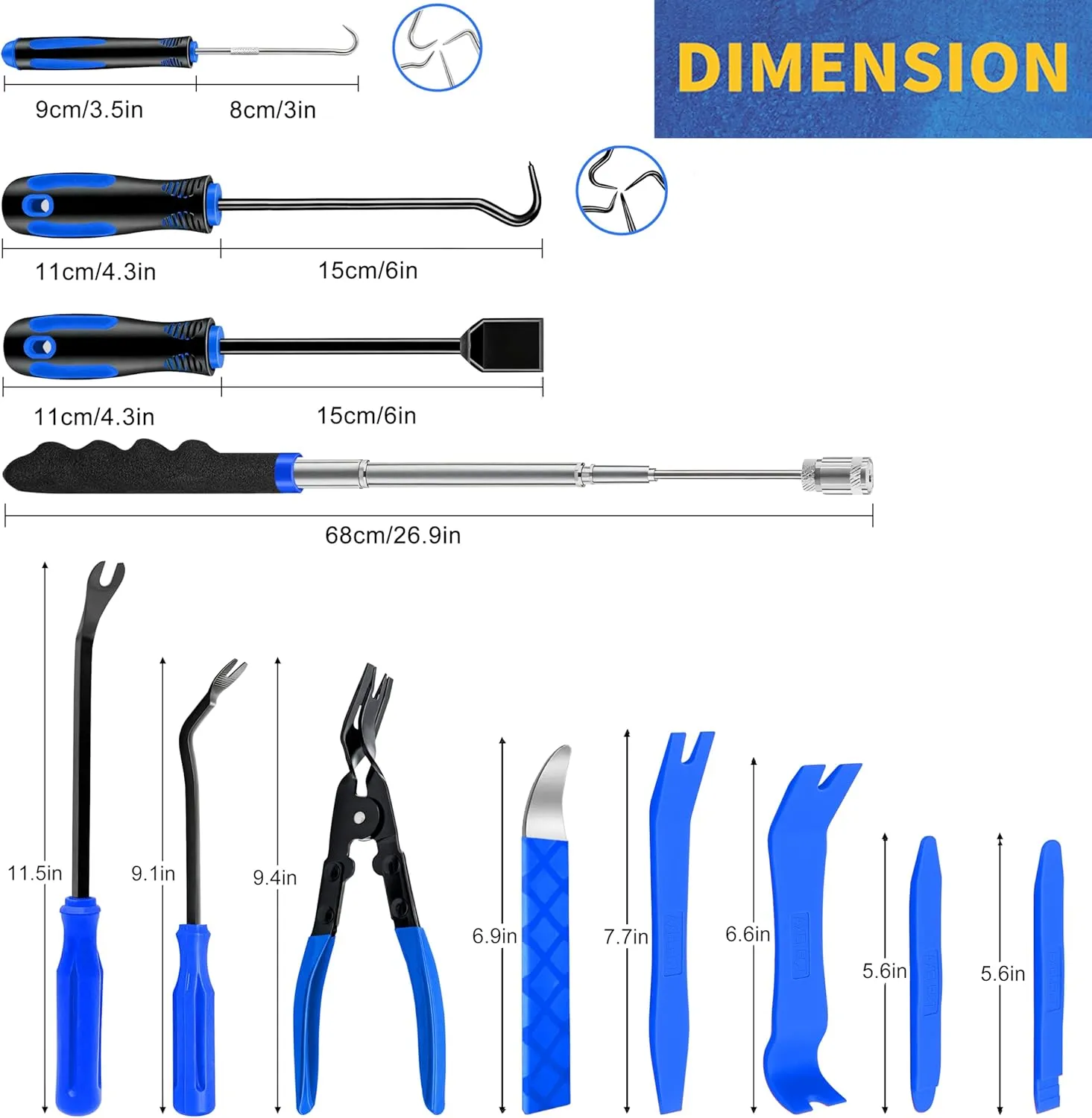 DWH 18 Pcs Precision Pick and Hooks Set, Auto Body Tool Kit with Scraper Telescoping Magnetic Pickup Tool Panel Clip Plier Fastener Remover, Metal Plastic Trim Tools, Automotive Mechanic Bag, Blue