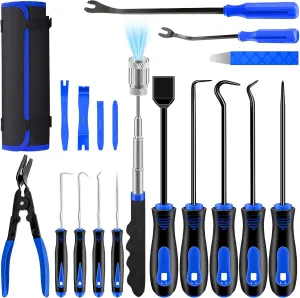 DWH 18 Pcs Precision Pick and Hooks Set, Auto Body Tool Kit with Scraper Telescoping Magnetic Pickup Tool Panel Clip Plier Fastener Remover, Metal Plastic Trim Tools, Automotive Mechanic Bag, Blue