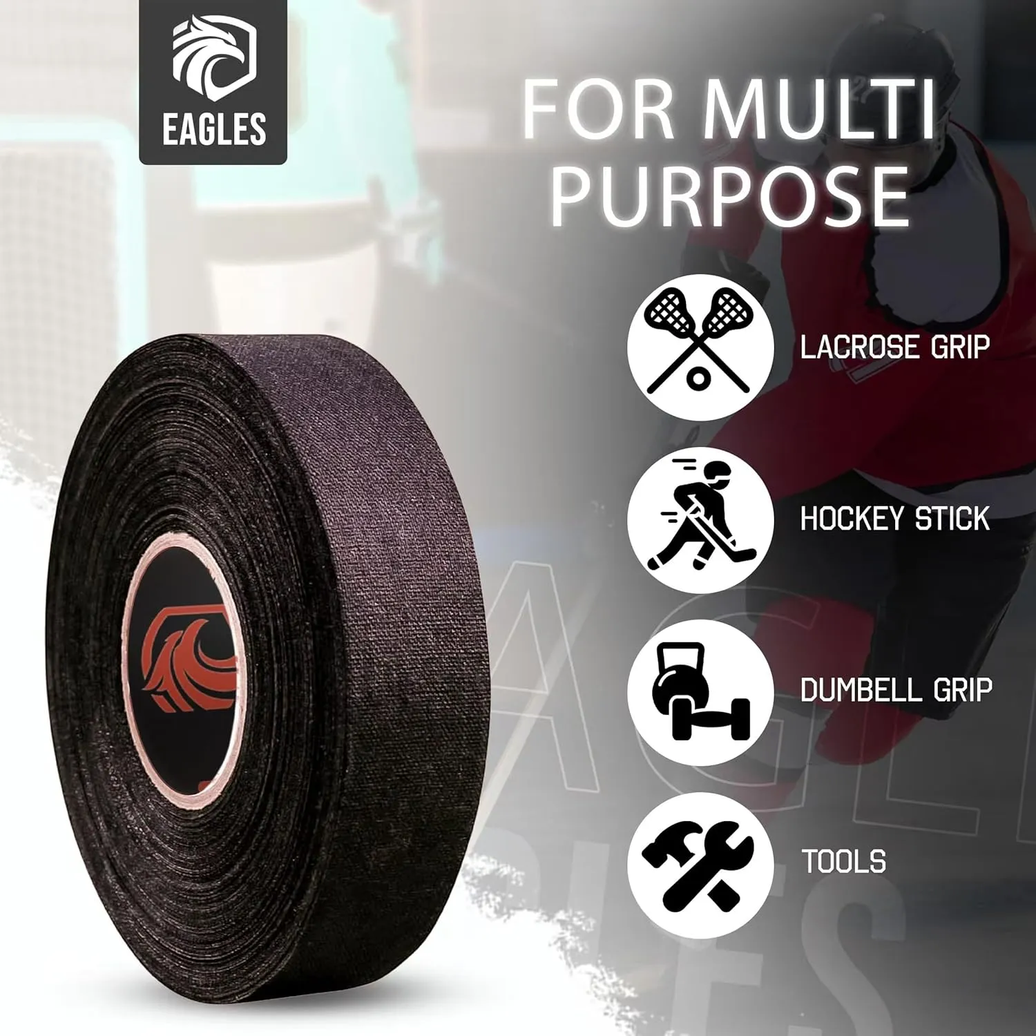 EAGLES Bulk Hockey Tape Black, White or Clear Multipurpose Tape Roll - Strong Adhesive - Durable Cloth or PVC Tape - Hokey Sports Gifts, Accessories, Equipment, Gear