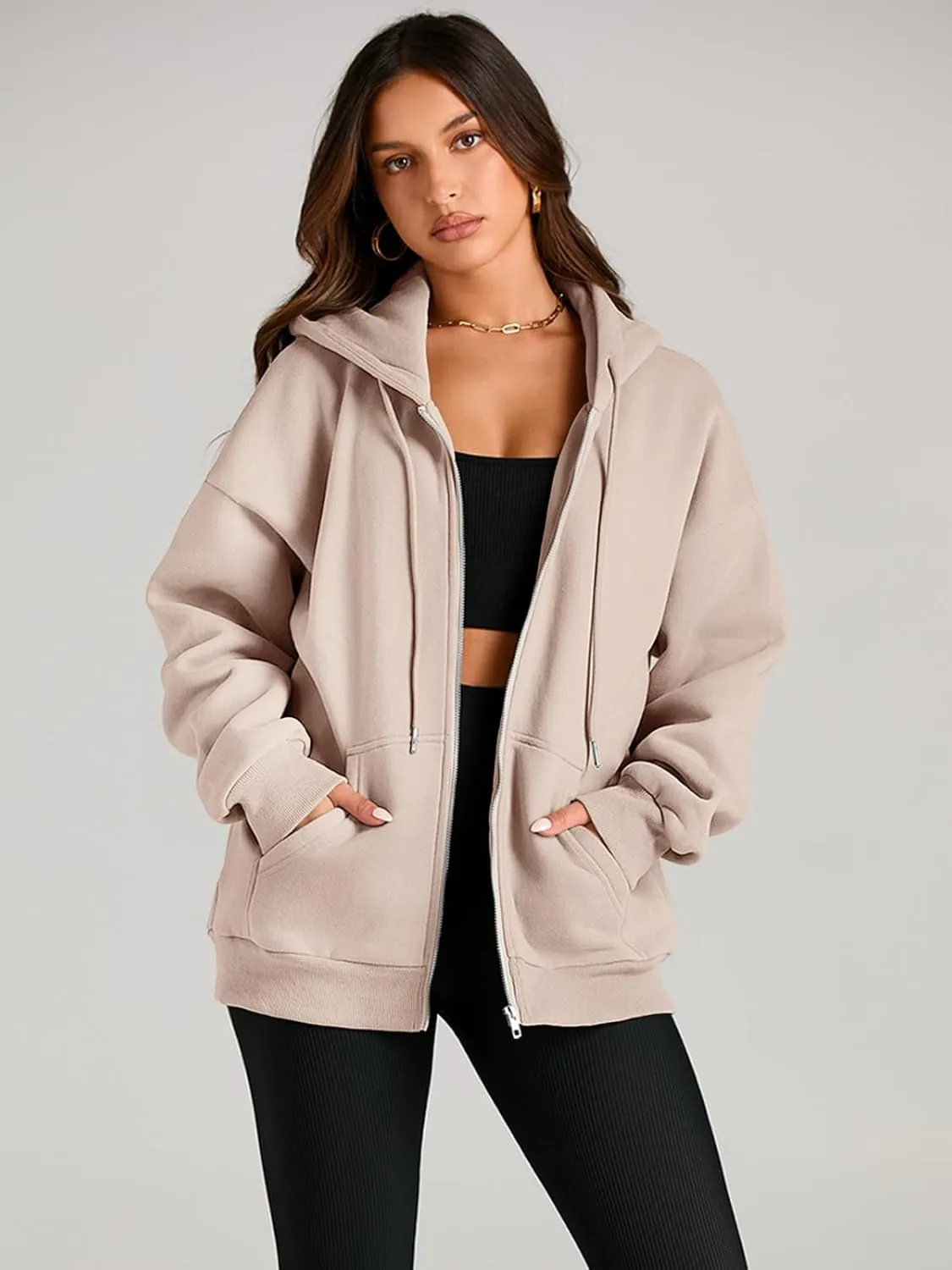 EFAN Women's Drawstring Zip Up Cute Hoodies Fall Jacket Oversized Casual Sweatshirts with Pocket