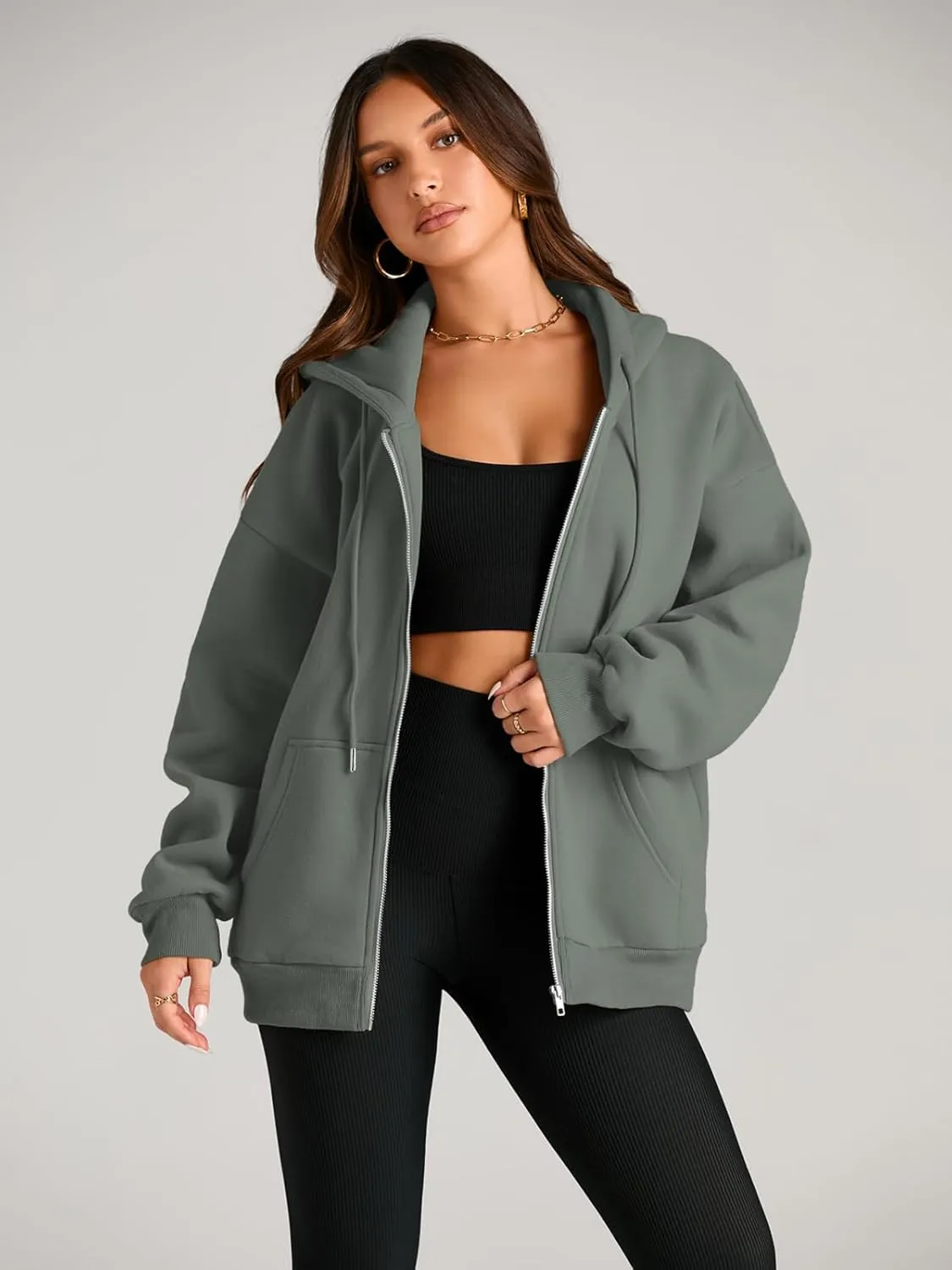 EFAN Women's Drawstring Zip Up Cute Hoodies Fall Jacket Oversized Casual Sweatshirts with Pocket