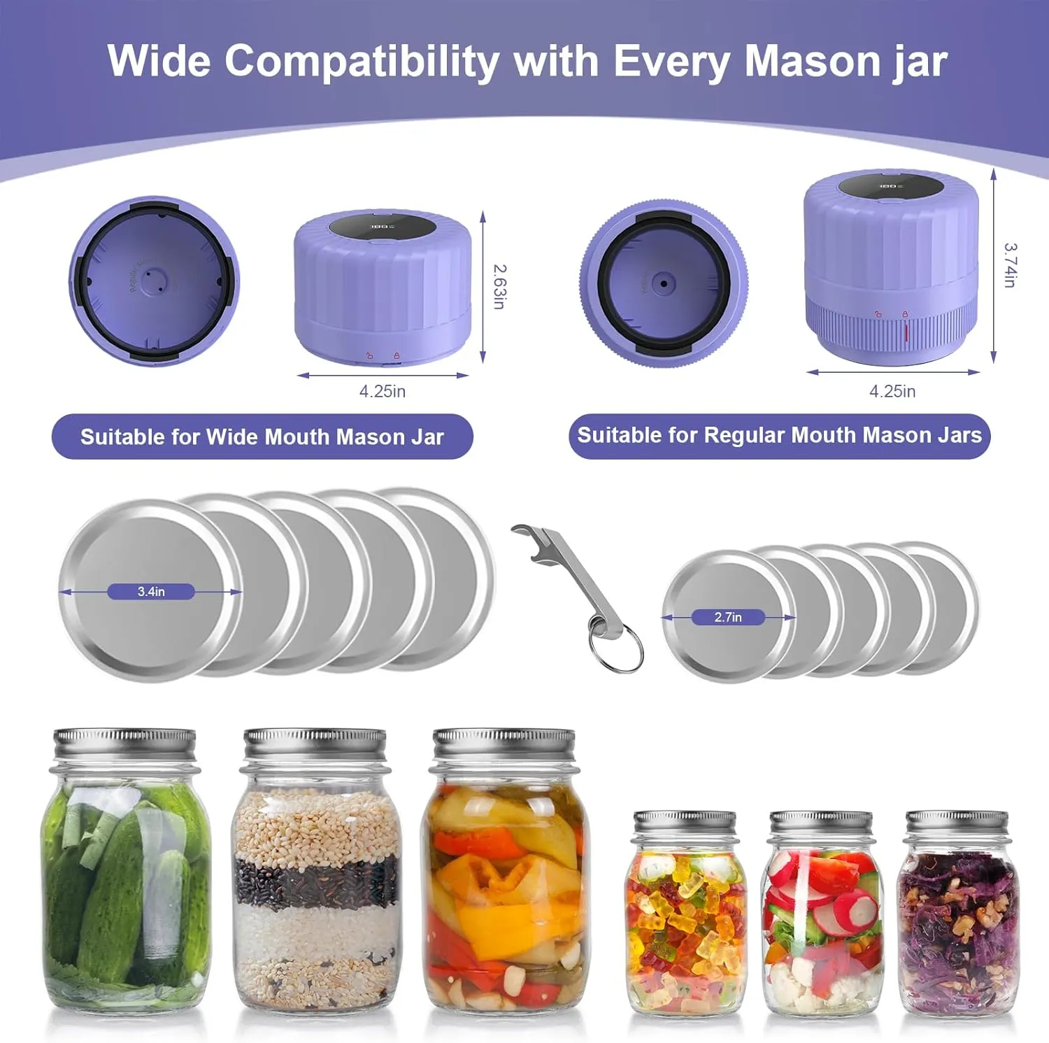 Electric-Mason-Jar-Vacuum-Sealer, Automatic Wide Mouth and Regular Mouth Mason Jar Sealer Kit, VP06  Vaccum Sealer for Jars with Opener & 5 Pairs of Lids
