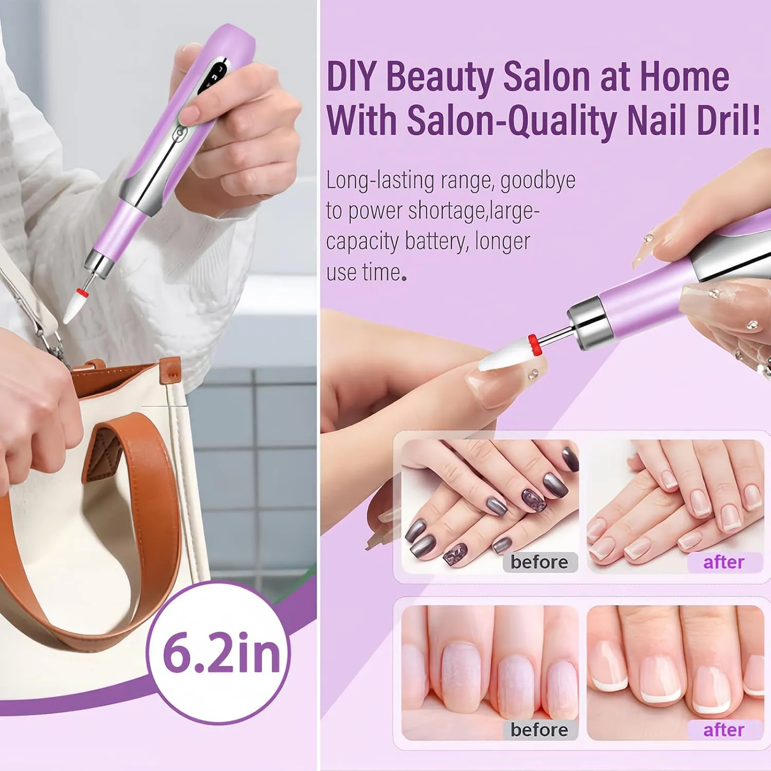 Electric Nail Drill File Cordless,Portable Rechargeable Nail File Kit for Acrylic & Gel Nails,Professional Efile for Manicure Pedicure Polishing,with Nail Drill Bits Sanding Bands,Purple