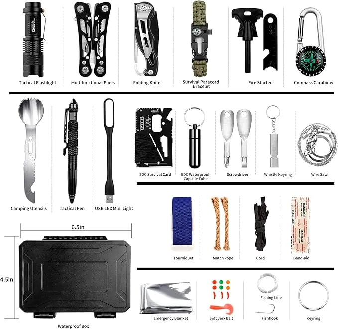 Emergency Survival Gear Kits 60 in 1, Outdoor Survival Tool with Emergency Bracelet Whistle Flashlight Pliers Pen Wire Saw for Camping, Hiking, Climbing,Car