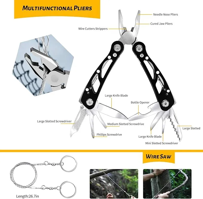 Emergency Survival Gear Kits 60 in 1, Outdoor Survival Tool with Emergency Bracelet Whistle Flashlight Pliers Pen Wire Saw for Camping, Hiking, Climbing,Car