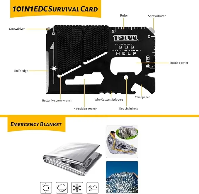 Emergency Survival Gear Kits 60 in 1, Outdoor Survival Tool with Emergency Bracelet Whistle Flashlight Pliers Pen Wire Saw for Camping, Hiking, Climbing,Car