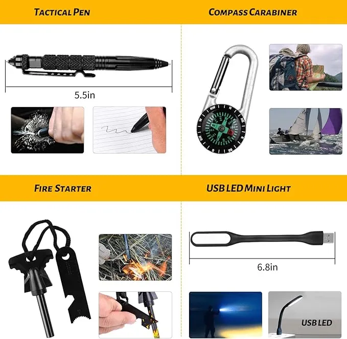 Emergency Survival Gear Kits 60 in 1, Outdoor Survival Tool with Emergency Bracelet Whistle Flashlight Pliers Pen Wire Saw for Camping, Hiking, Climbing,Car