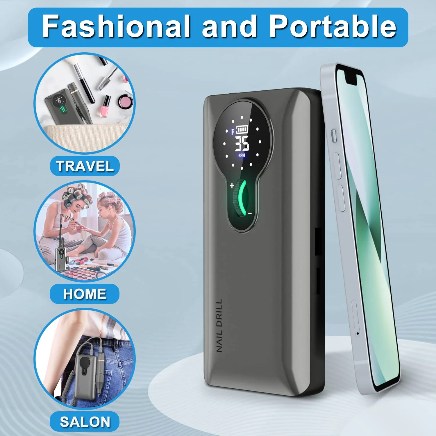 ENGERWALL 35,000 RPM Rechargeable Nail Drill, Portable Cordless Electric Nail File for Acrylic and Gel Nails, Polishing & Removal, Manicure Pedicure Kit with Nail Drill Bits, Dark Silver (Pro)