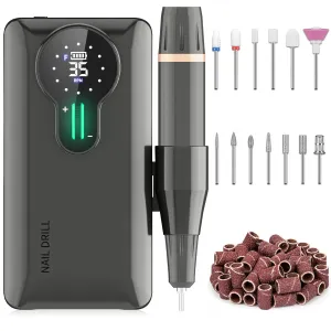 ENGERWALL 35,000 RPM Rechargeable Nail Drill, Portable Cordless Electric Nail File for Acrylic and Gel Nails, Polishing & Removal, Manicure Pedicure Kit with Nail Drill Bits, Dark Silver (Pro)