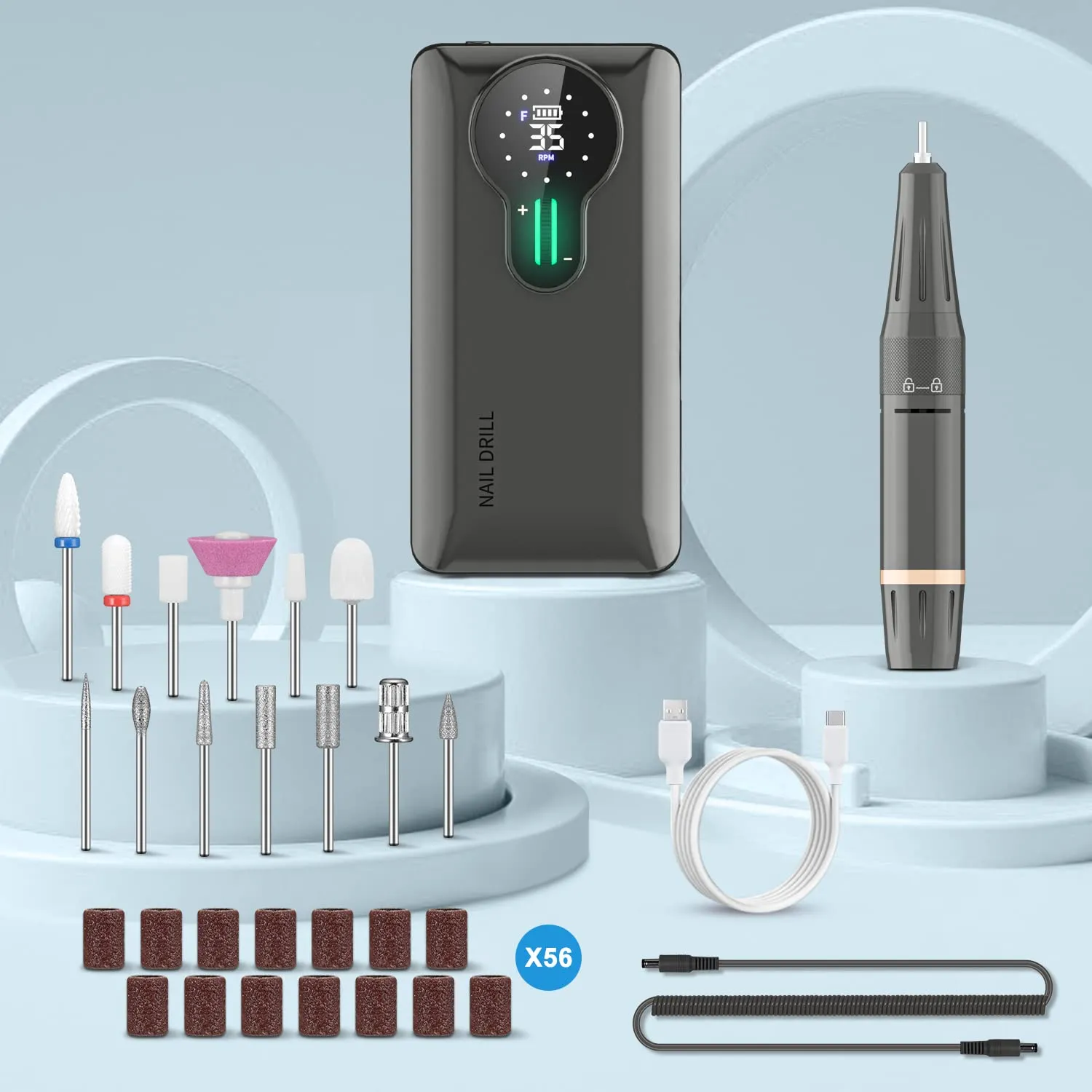 ENGERWALL 35,000 RPM Rechargeable Nail Drill, Portable Cordless Electric Nail File for Acrylic and Gel Nails, Polishing & Removal, Manicure Pedicure Kit with Nail Drill Bits, Dark Silver (Pro)