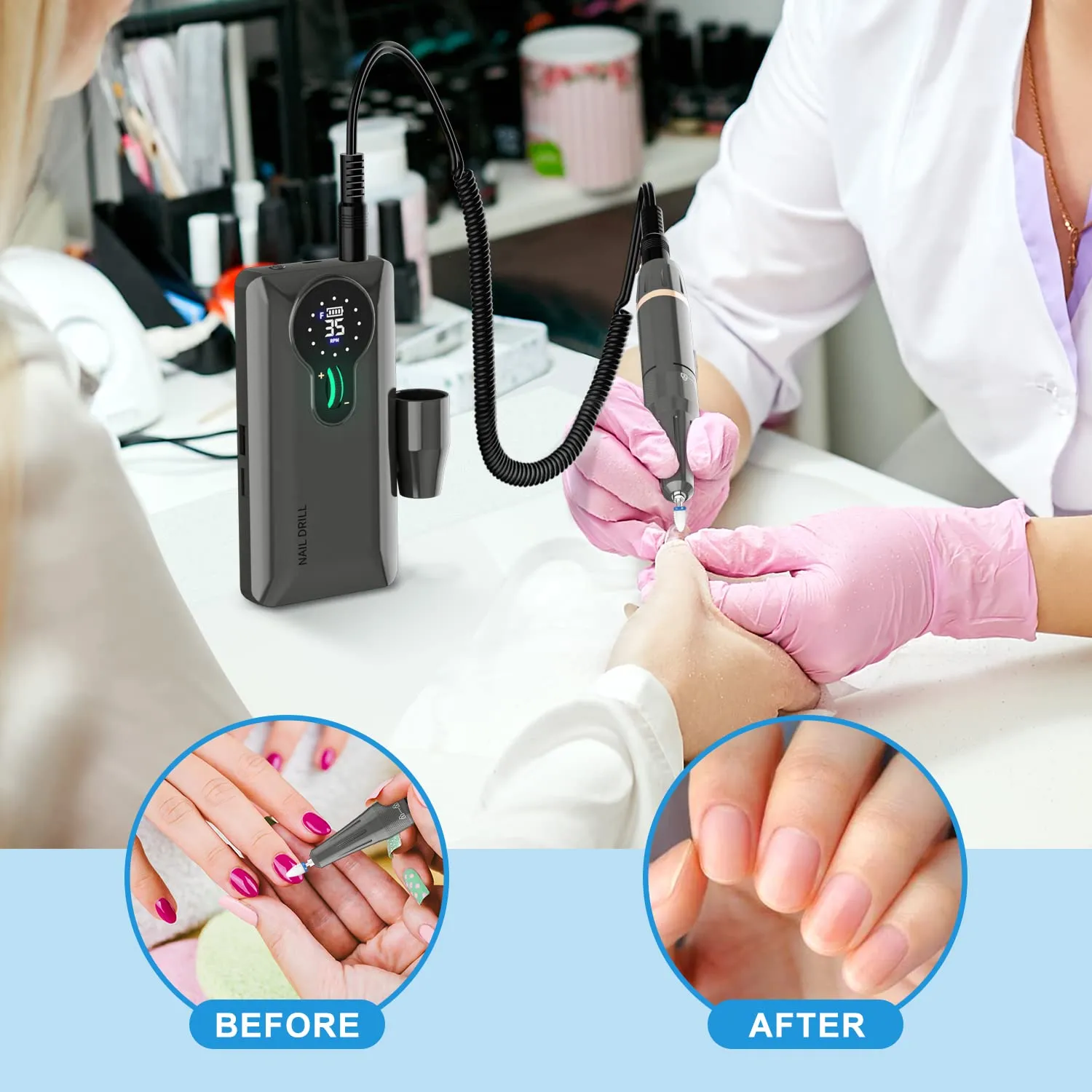 ENGERWALL 35,000 RPM Rechargeable Nail Drill, Portable Cordless Electric Nail File for Acrylic and Gel Nails, Polishing & Removal, Manicure Pedicure Kit with Nail Drill Bits, Dark Silver (Pro)
