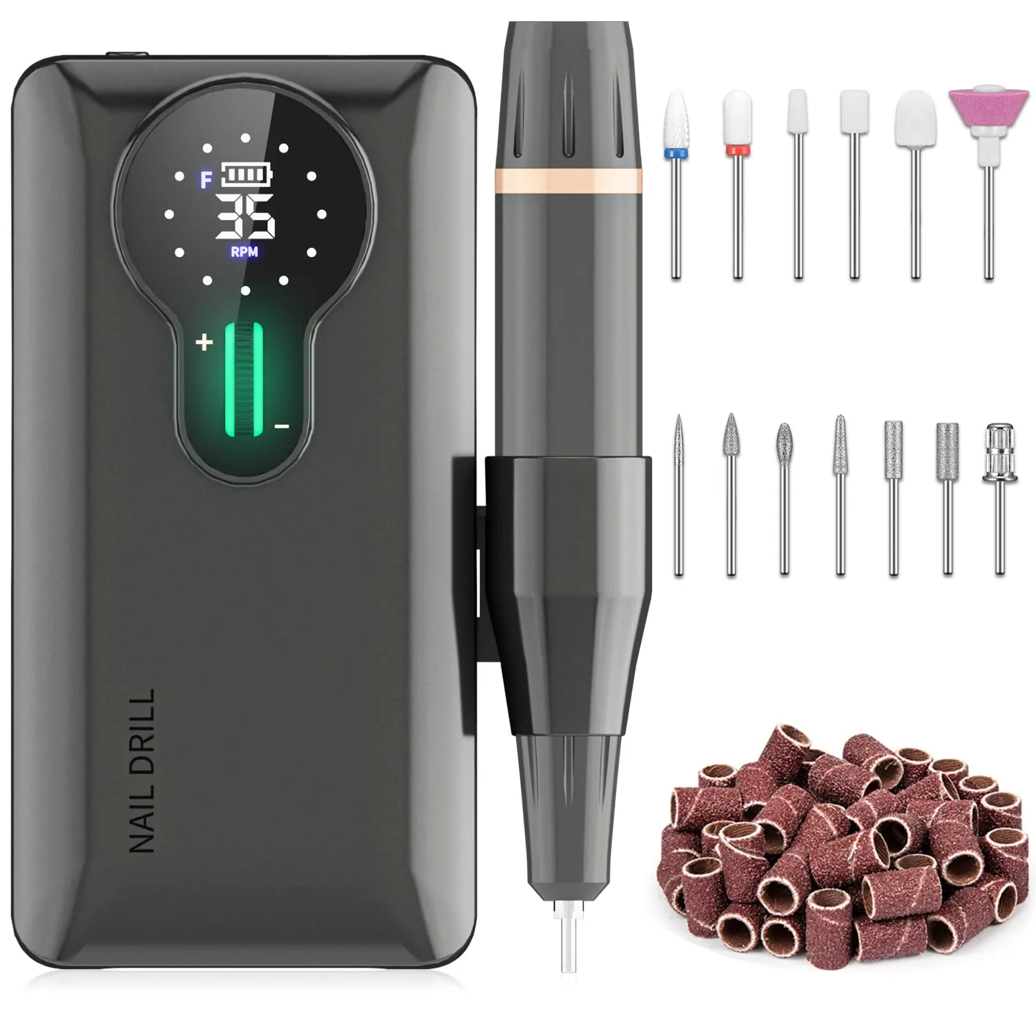 ENGERWALL 35,000 RPM Rechargeable Nail Drill, Portable Cordless Electric Nail File for Acrylic and Gel Nails, Polishing & Removal, Manicure Pedicure Kit with Nail Drill Bits, Dark Silver (Pro)