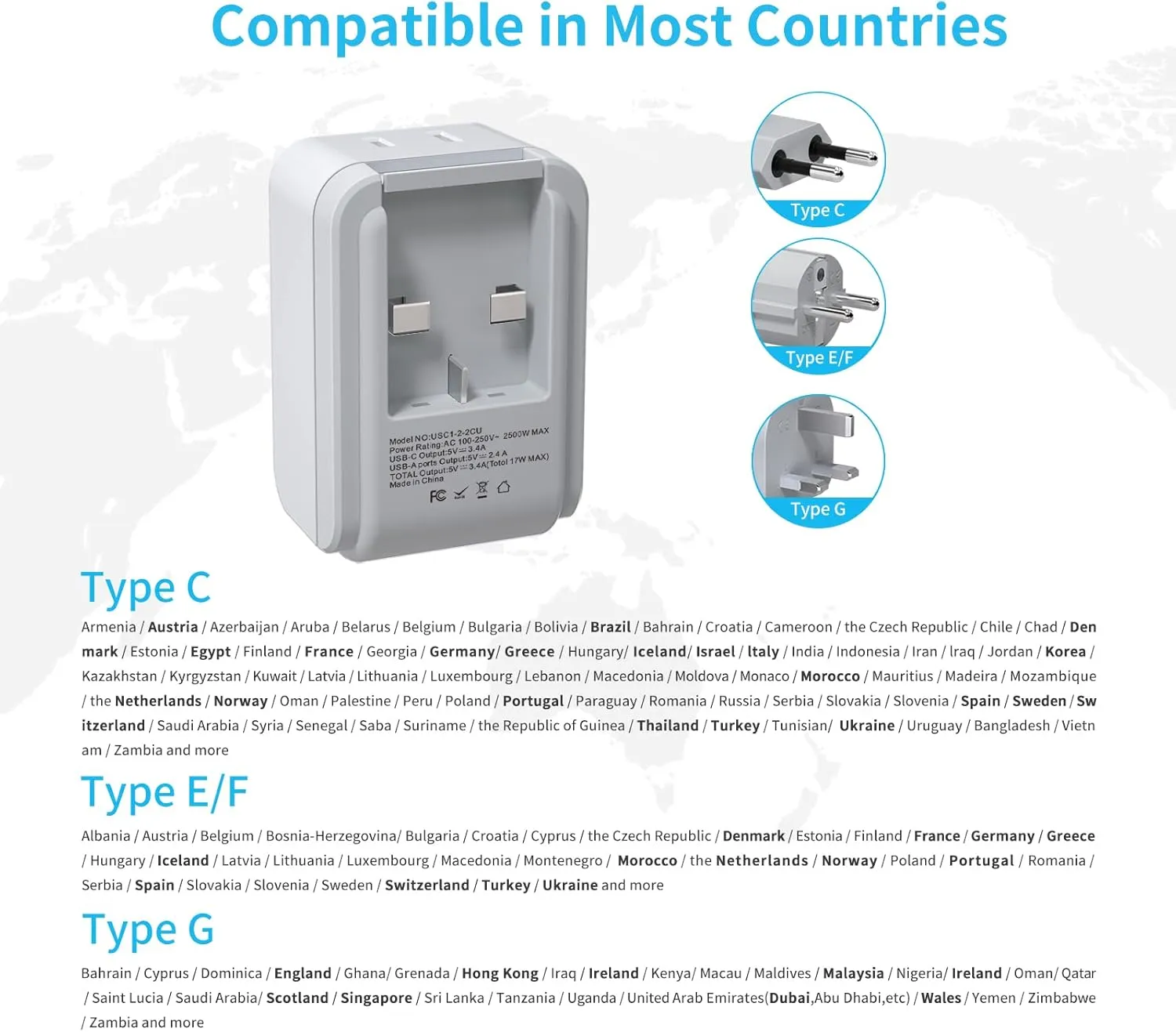 European Travel Plug Adapter Kit, VINTAR International Plug Adapter with 3 USB Ports (2 USB C,3.4A) 2 American Outlets, Type C,G,E/F Detachable Attachments, Adapter for US to UK Europe France Italy
