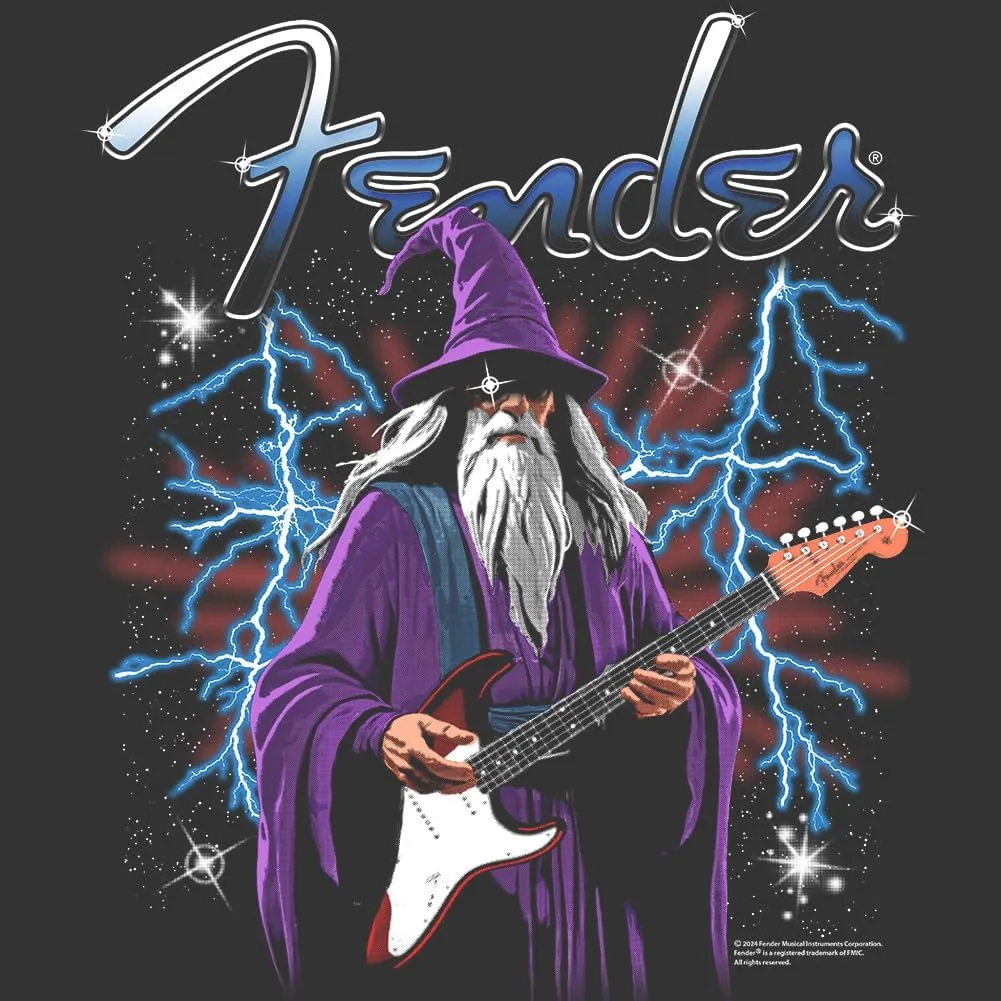Fender Wizard Playing Stratocaster Guitar Adult Black Short Sleeve T Shirt Vintage Style Graphic Tees
