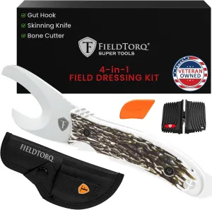 Field Dressing Kit | 4-in-1 Super Tool with Sheath & Sharpener | Skinning Knife for Hunting | Gut Hook | Deer Hunting Knife Set | Stag