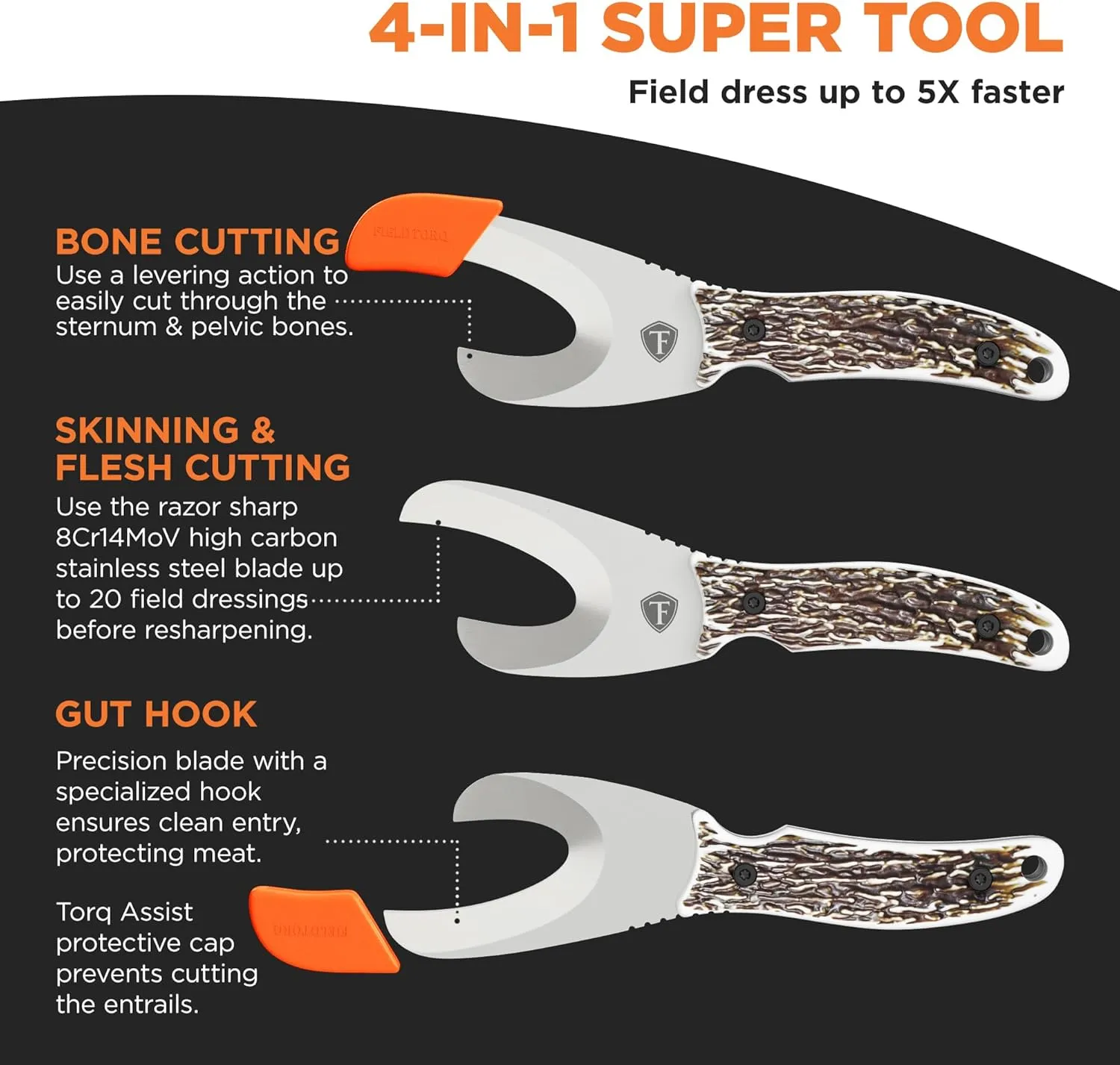 Field Dressing Kit | 4-in-1 Super Tool with Sheath & Sharpener | Skinning Knife for Hunting | Gut Hook | Deer Hunting Knife Set | Stag