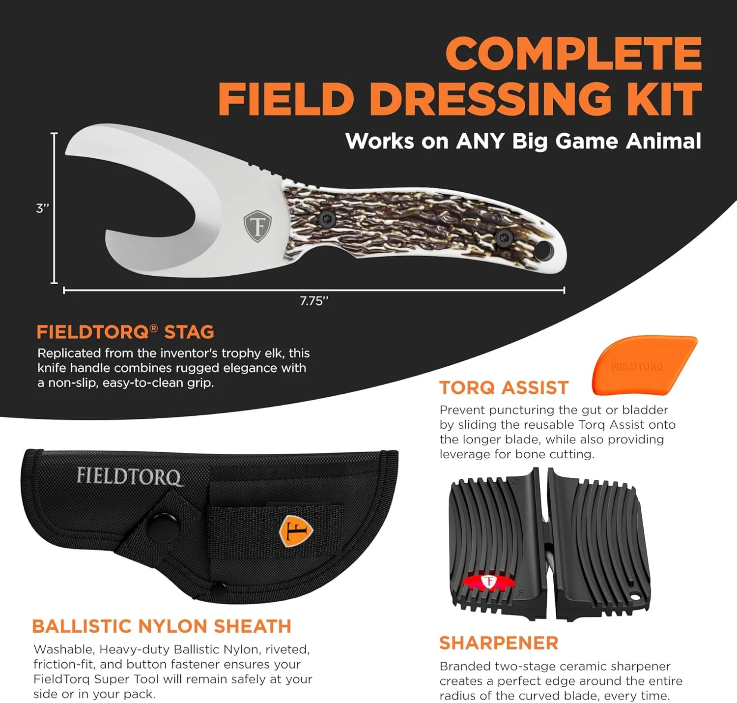 Field Dressing Kit | 4-in-1 Super Tool with Sheath & Sharpener | Skinning Knife for Hunting | Gut Hook | Deer Hunting Knife Set | Stag