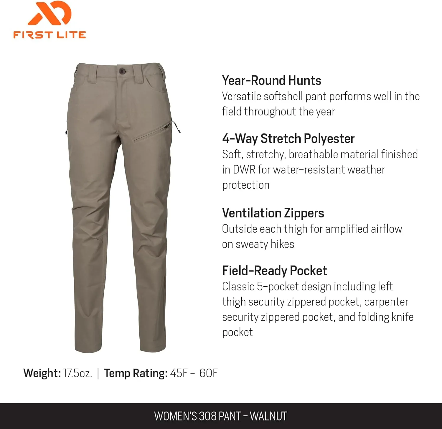 First Lite Women's 308 Pant - Stretch Camo Hunting Pants with Hip Vents