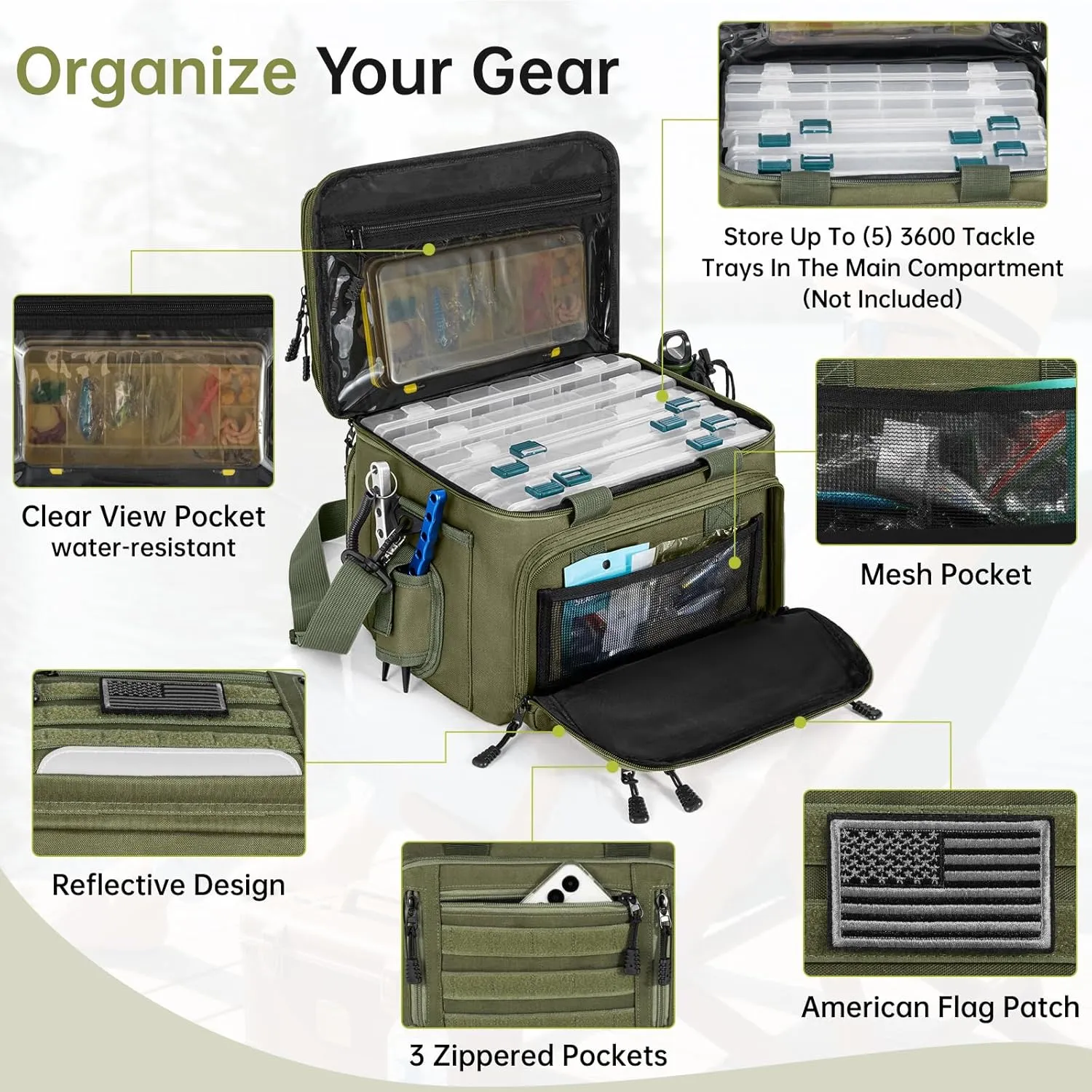 Fishing Tackle Bag,Waterproof Fishing Gear Bag for Saltwater & Freshwater Fishing,Soft Tackle Box Bag with Padded Shoulder Strap & Handle & Non-Slip Base (Tray Not Included)