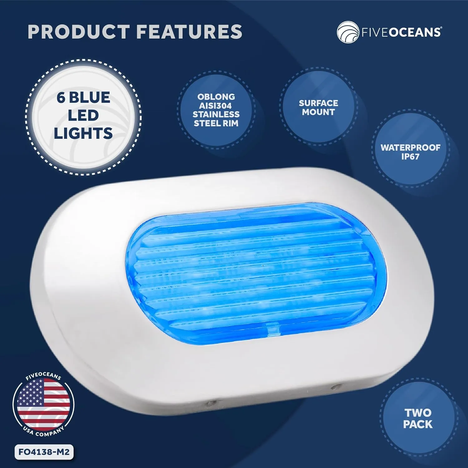 Five Oceans 2-Pack Oblong LED Courtesy Light, Marine Lights for Boat Interior, Deck, Cockpit, Blue LED, IP67 Waterproof, 12V, for Pontoon, Fishing Boat, Yacht, RVs - FO4138-M2