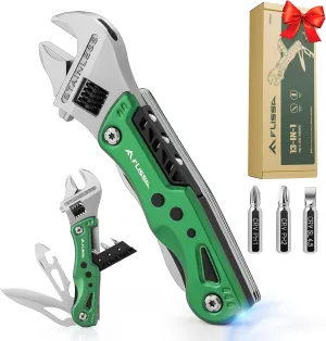 FLISSA 13-in-1 Multi Tool Wrench, Gift for Dad, Stainless Steel Multitool Adjustable Wrench with LED Light, EDC Pocket Knife with Sheath, Multipurpose Multi Use Tool
