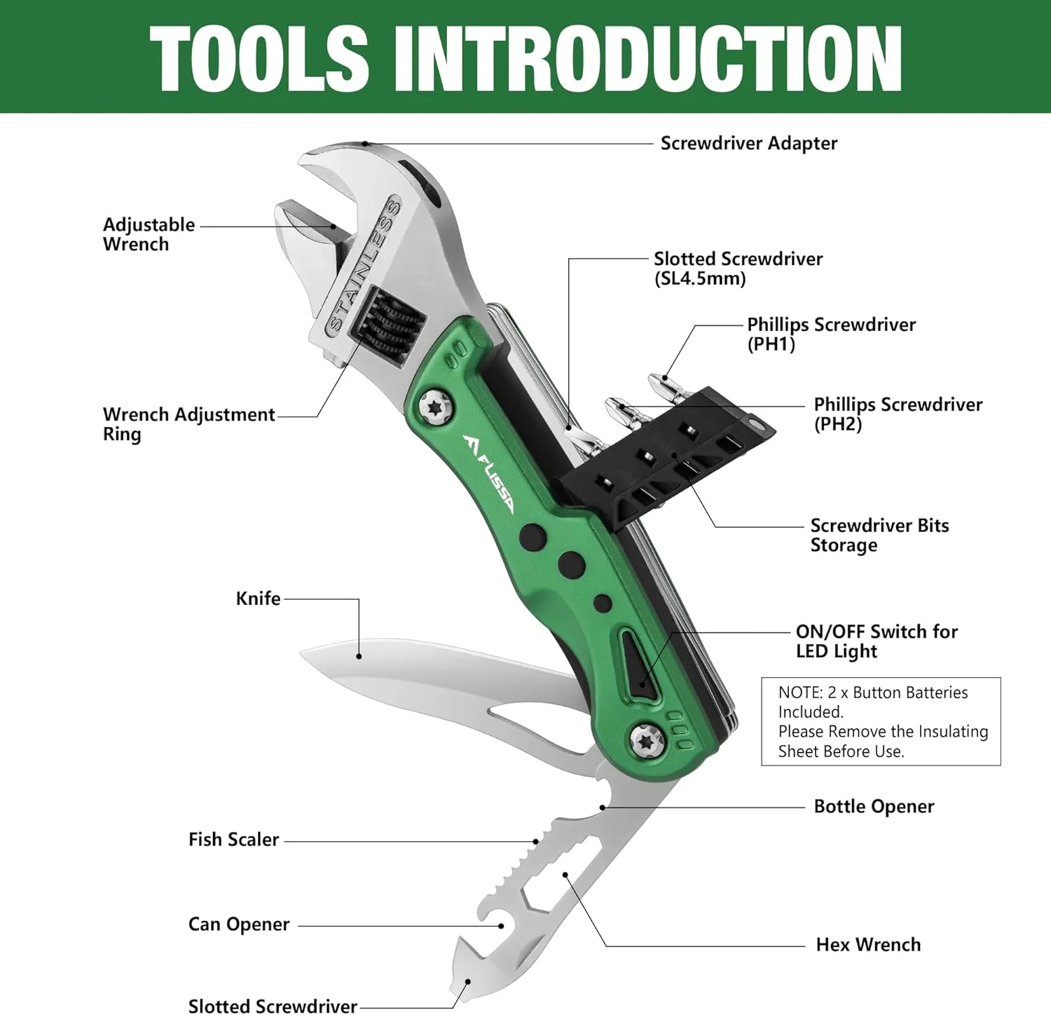 FLISSA 13-in-1 Multi Tool Wrench, Gift for Dad, Stainless Steel Multitool Adjustable Wrench with LED Light, EDC Pocket Knife with Sheath, Multipurpose Multi Use Tool