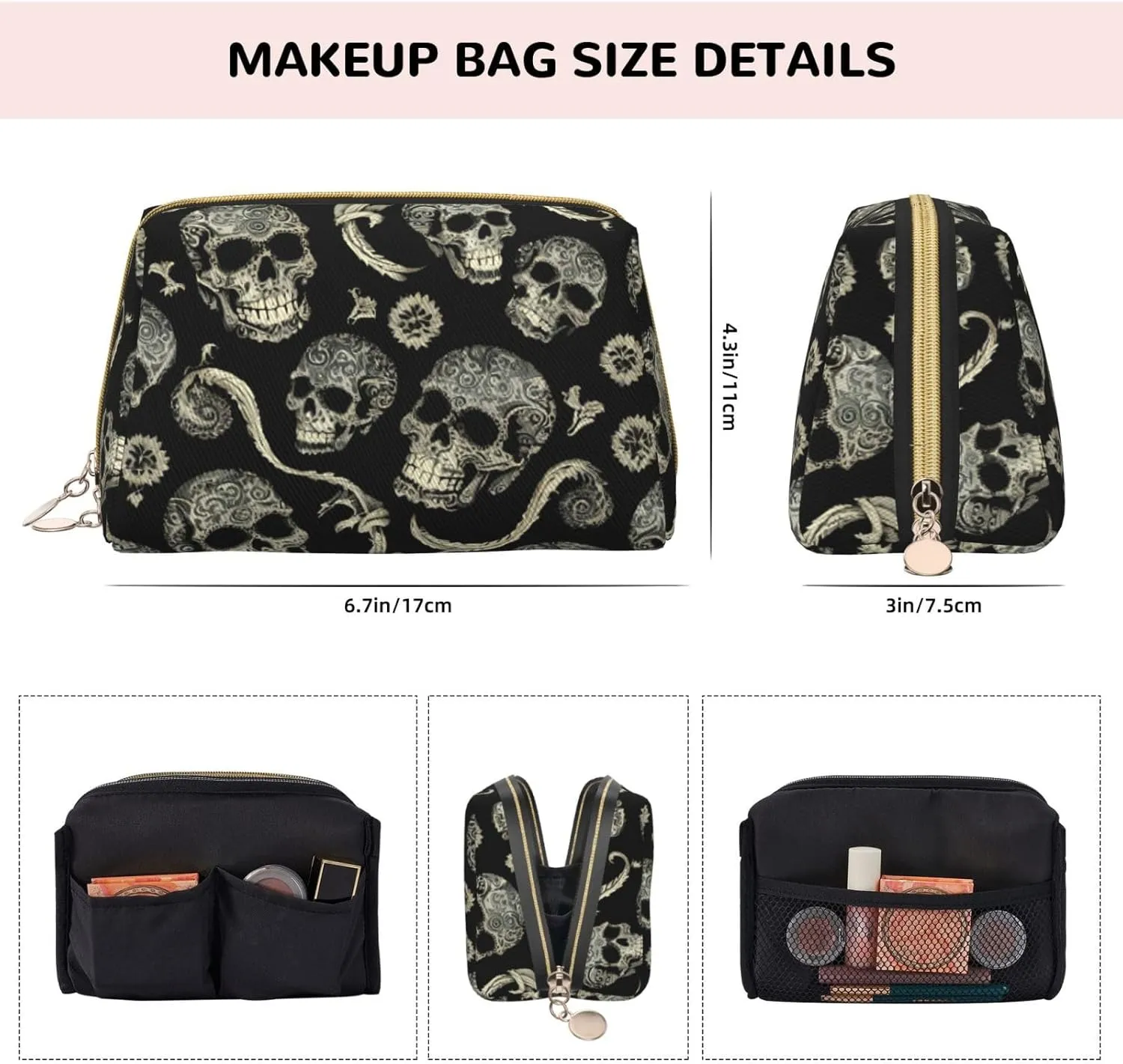 Flowers Skull Ornamental Toiletry Pouch, Travel-Friendly Makeup Organizer For Makeup Brushes, Lipsticks