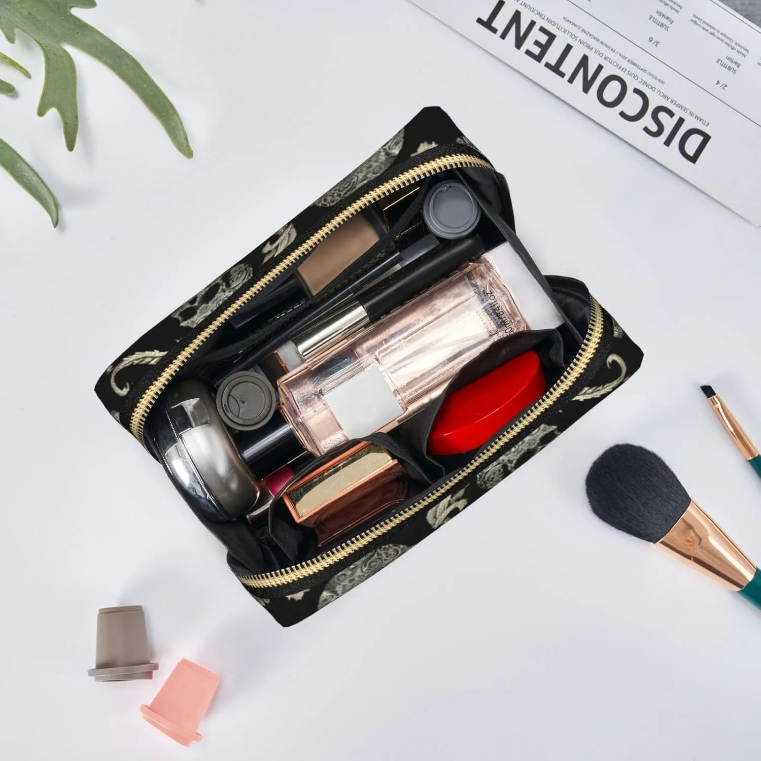 Flowers Skull Ornamental Toiletry Pouch, Travel-Friendly Makeup Organizer For Makeup Brushes, Lipsticks