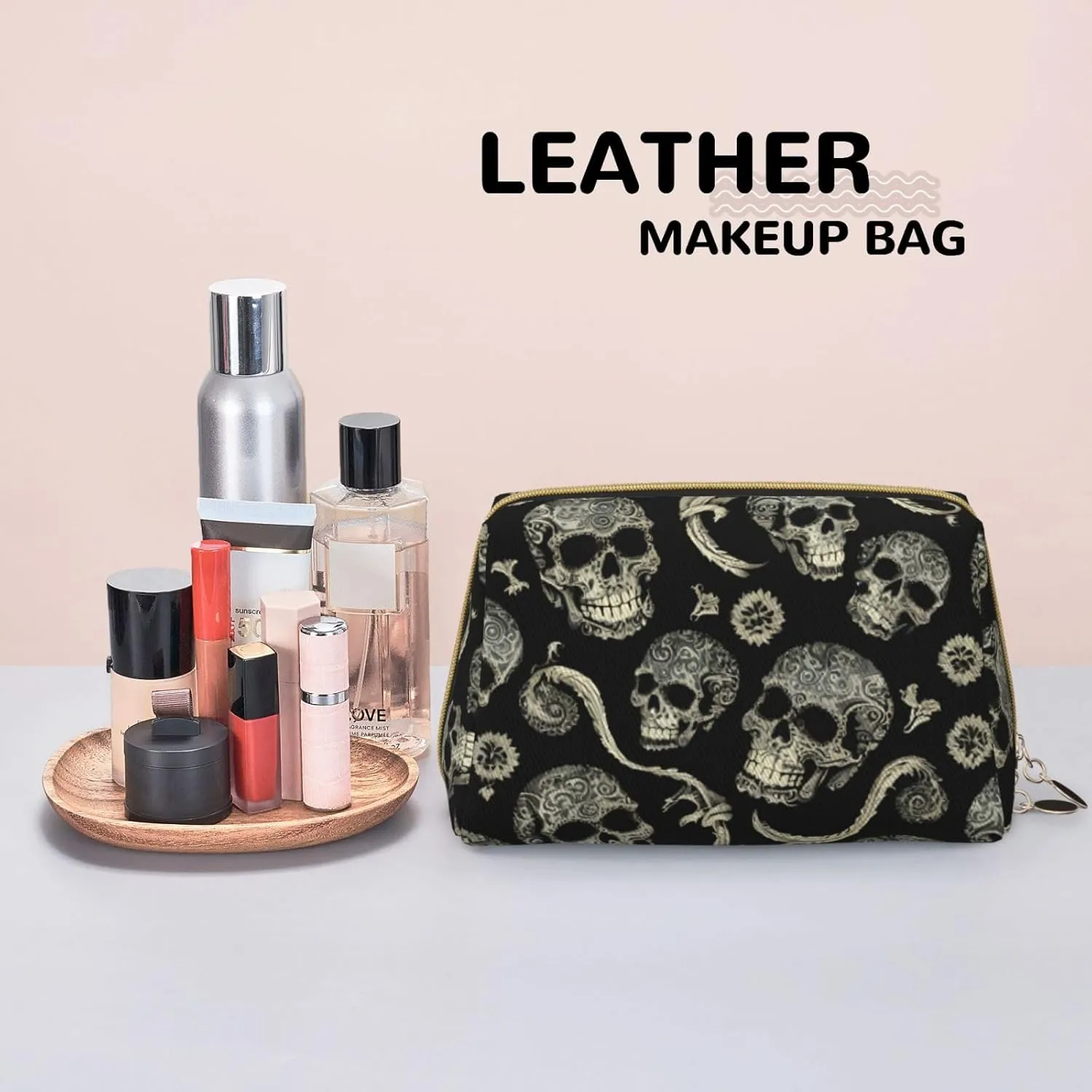 Flowers Skull Ornamental Toiletry Pouch, Travel-Friendly Makeup Organizer For Makeup Brushes, Lipsticks