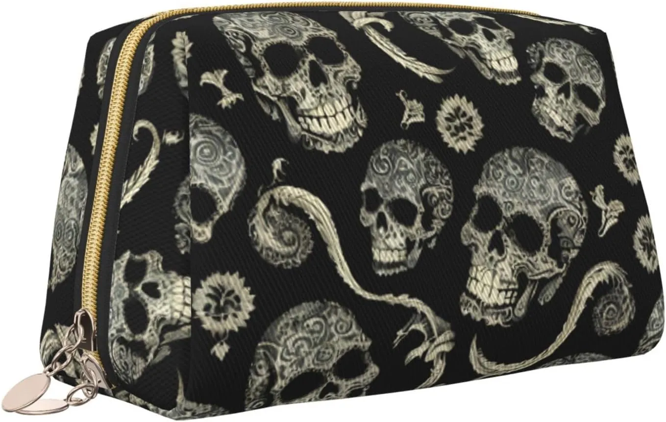 Flowers Skull Ornamental Toiletry Pouch, Travel-Friendly Makeup Organizer For Makeup Brushes, Lipsticks