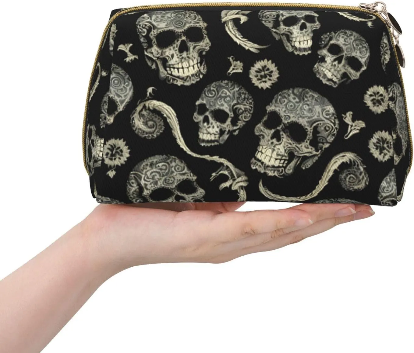 Flowers Skull Ornamental Toiletry Pouch, Travel-Friendly Makeup Organizer For Makeup Brushes, Lipsticks