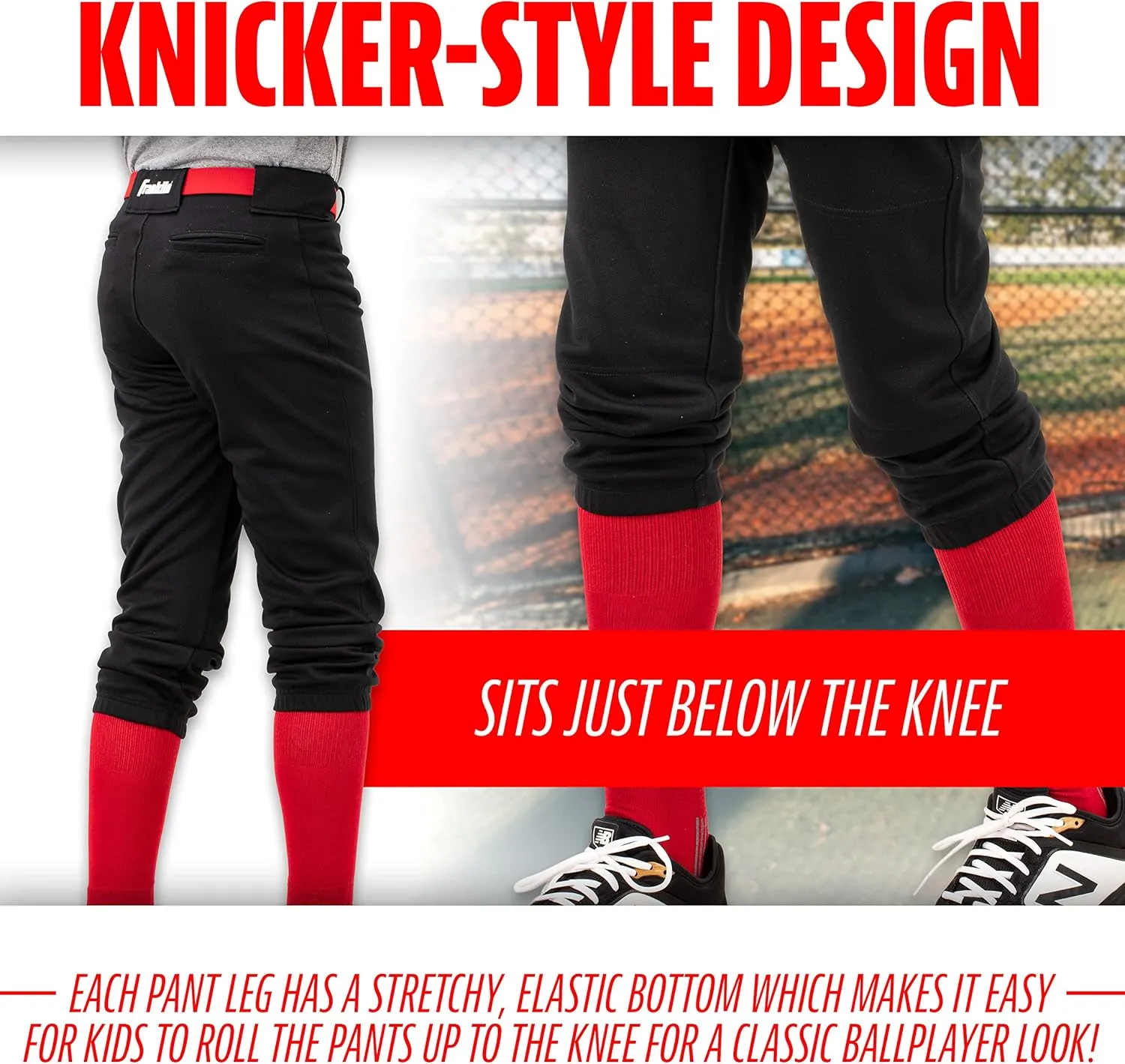 Franklin Sports Youth Baseball   Softball Pants - Knee High   Relaxed Fit Kids Baseball Pants - White, Black   Grey Pants