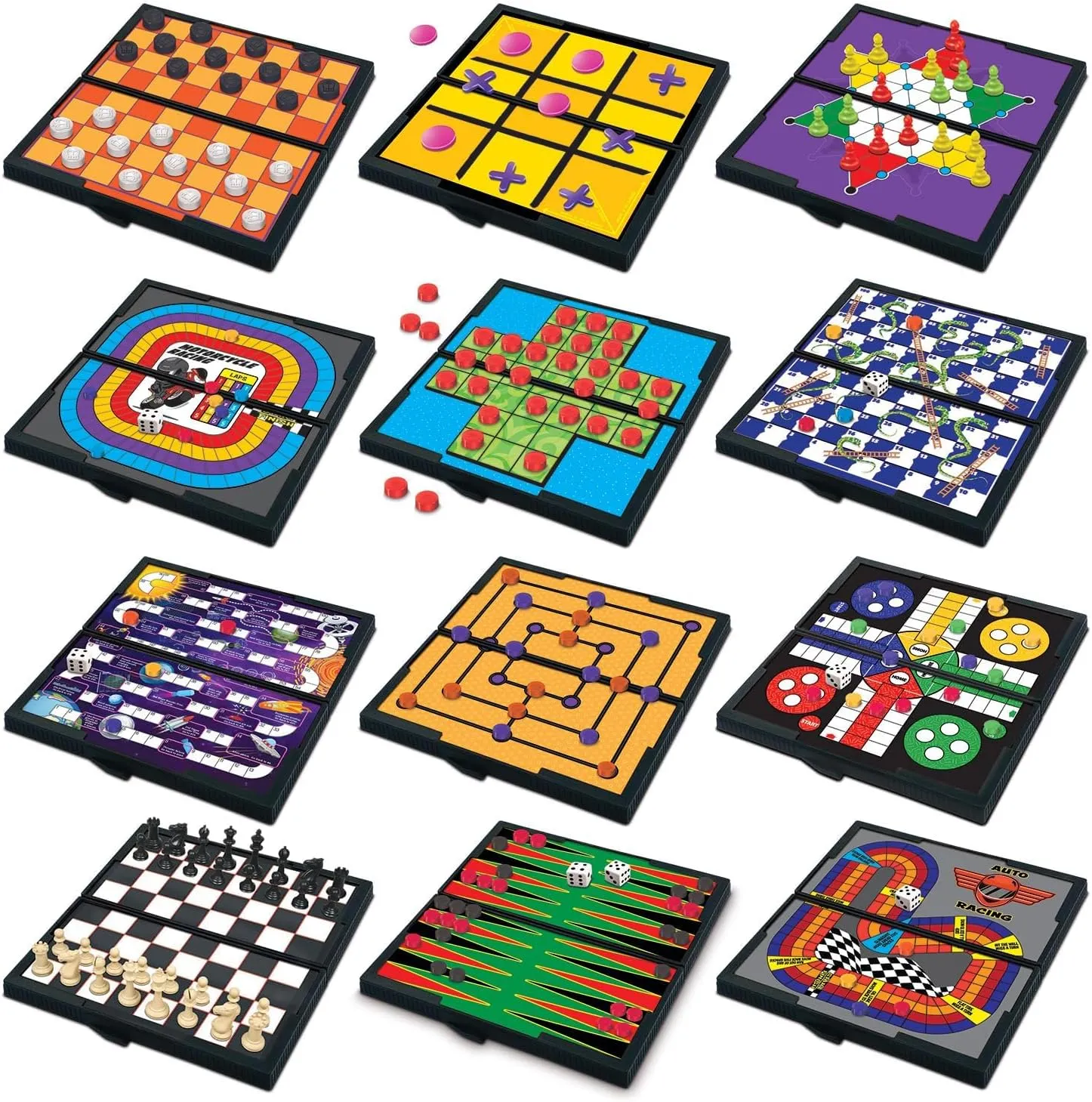 Gamie Magnetic Board Travel Games Set - Includes 12 Retro Fun Games - 5" Compact Design - Individually Boxed - Teaches Strategy & Focus, Great for Road Trip/Travel/Camping - Best Gift for Kids Ages 6 