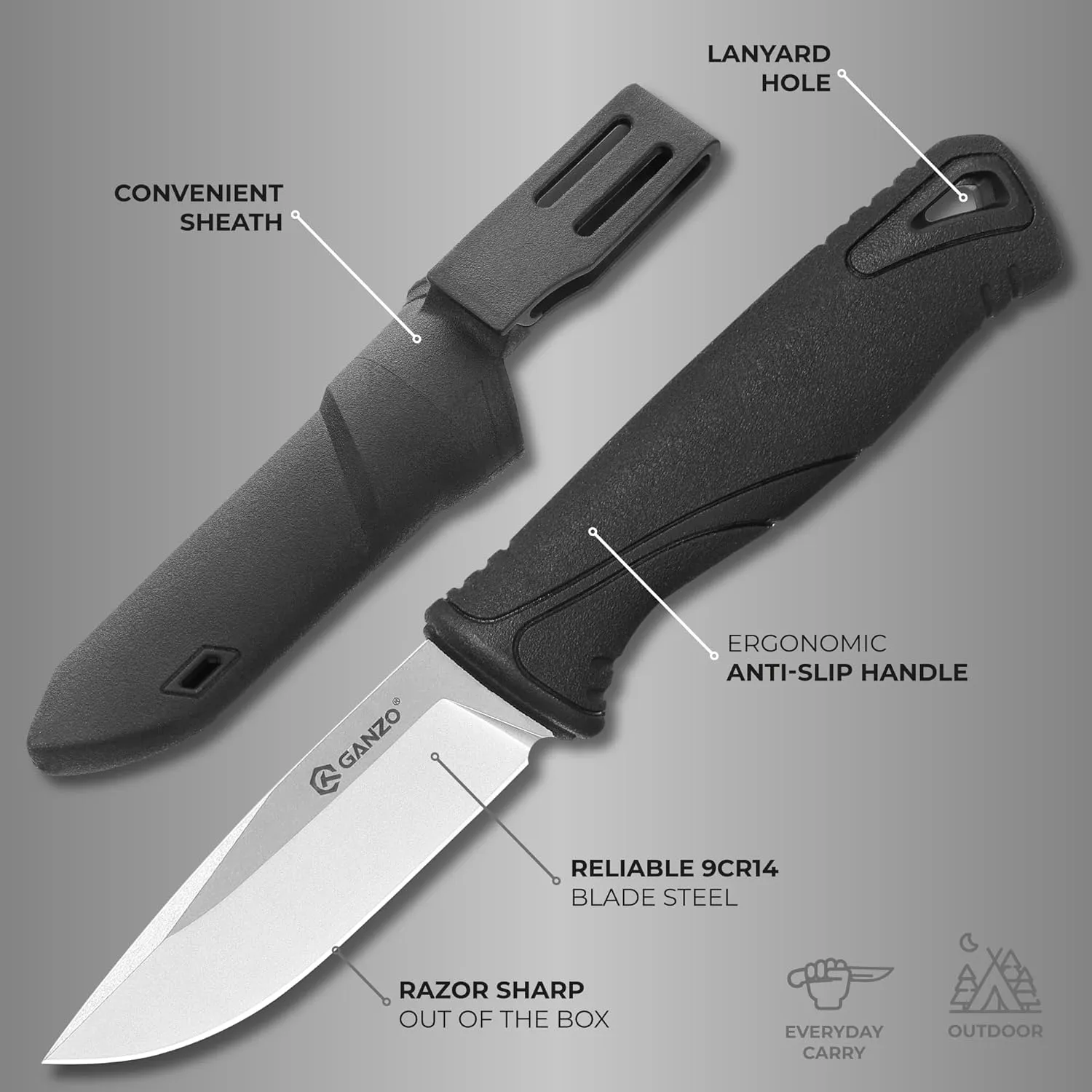 Ganzo G807-BK Fixed Blade Knife 9CR14 Stainless Steel Blade Ergonomic Anti-Slip Handle Camping Hunting Fishing Outdoor EDC Knife with PP Scabbard Sheath (Black)