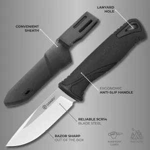 Ganzo G807-BK Fixed Blade Knife 9CR14 Stainless Steel Blade Ergonomic Anti-Slip Handle Camping Hunting Fishing Outdoor EDC Knife with PP Scabbard Sheath (Black)