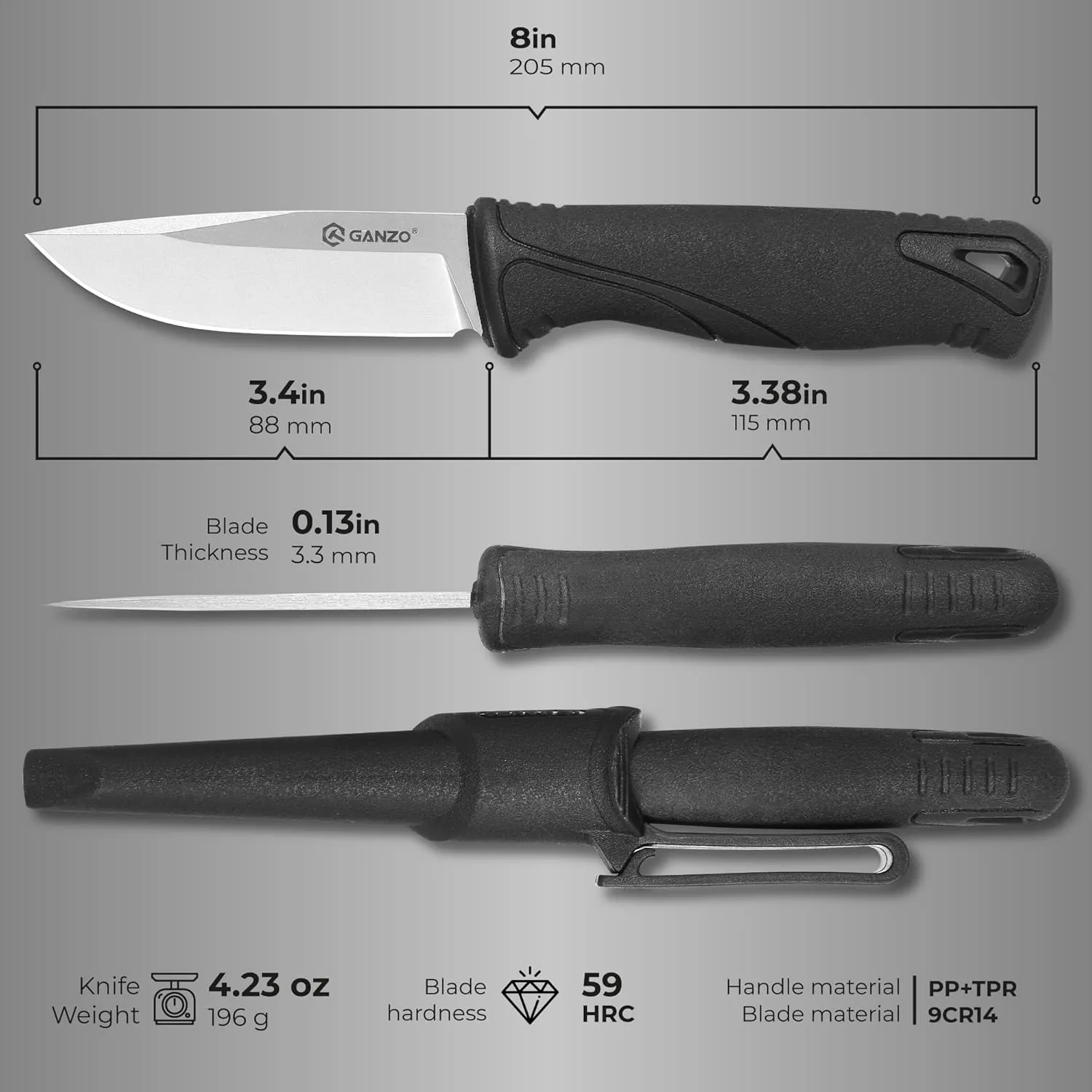 Ganzo G807-BK Fixed Blade Knife 9CR14 Stainless Steel Blade Ergonomic Anti-Slip Handle Camping Hunting Fishing Outdoor EDC Knife with PP Scabbard Sheath (Black)