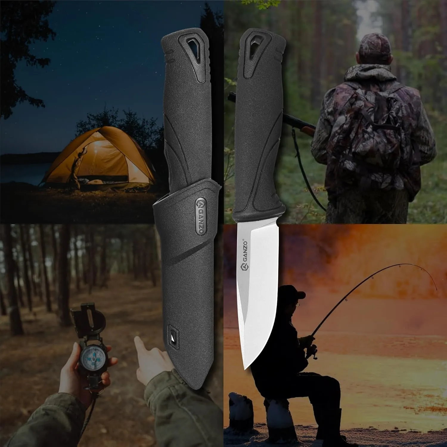 Ganzo G807-BK Fixed Blade Knife 9CR14 Stainless Steel Blade Ergonomic Anti-Slip Handle Camping Hunting Fishing Outdoor EDC Knife with PP Scabbard Sheath (Black)
